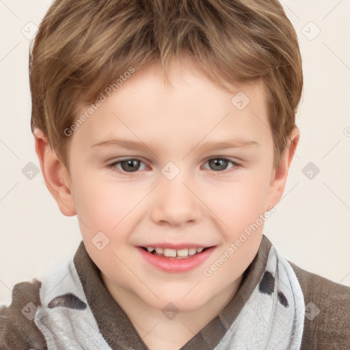 Joyful white child male with short  brown hair and brown eyes