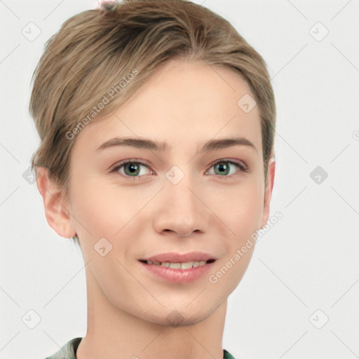 Joyful white young-adult female with short  brown hair and grey eyes