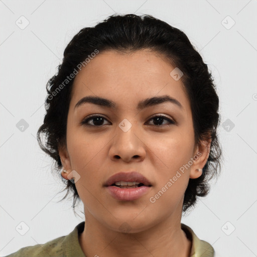 Joyful latino young-adult female with medium  black hair and brown eyes