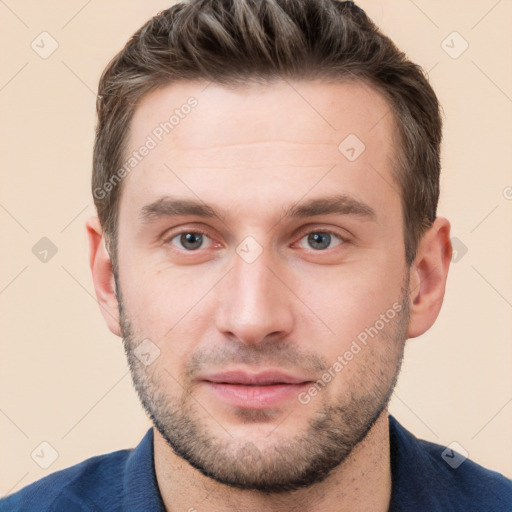 Neutral white young-adult male with short  brown hair and grey eyes