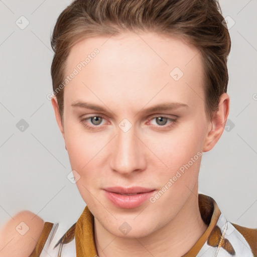 Joyful white young-adult female with short  brown hair and grey eyes