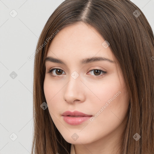 Neutral white young-adult female with long  brown hair and brown eyes