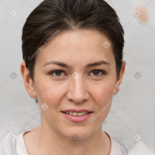 Joyful white young-adult female with short  brown hair and brown eyes