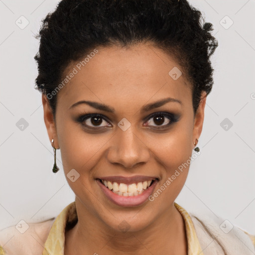 Joyful latino young-adult female with short  brown hair and brown eyes