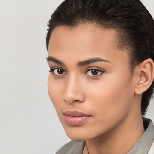 Neutral white young-adult female with short  brown hair and brown eyes