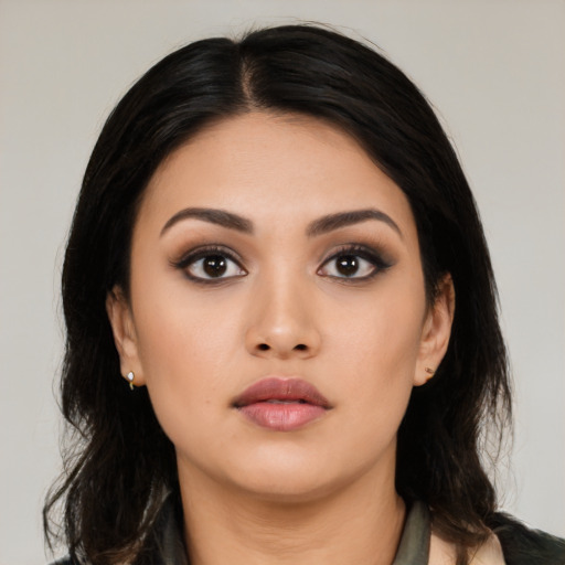 Neutral asian young-adult female with long  black hair and brown eyes