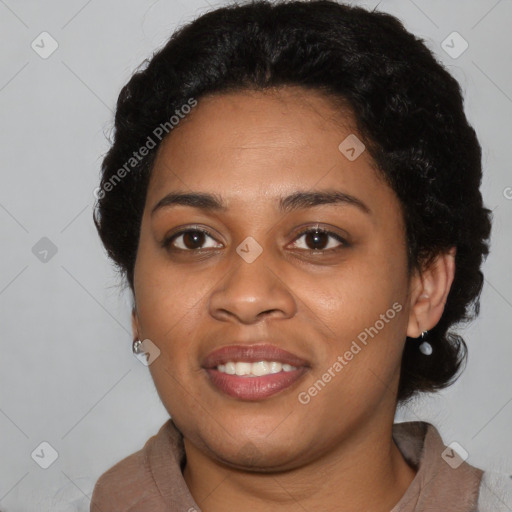 Joyful latino young-adult female with medium  black hair and brown eyes