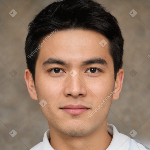 Neutral asian young-adult male with short  black hair and brown eyes