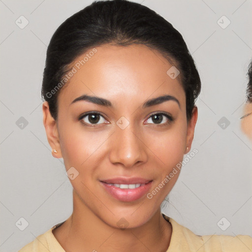 Joyful latino young-adult female with short  brown hair and brown eyes