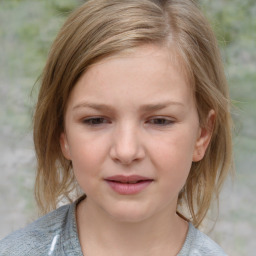 Joyful white child female with medium  brown hair and blue eyes