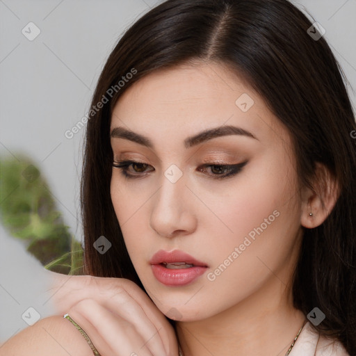 Neutral white young-adult female with long  brown hair and brown eyes