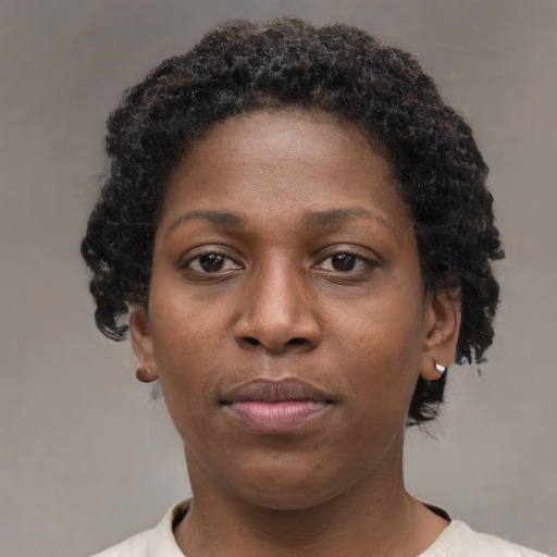 Neutral black young-adult female with short  brown hair and brown eyes