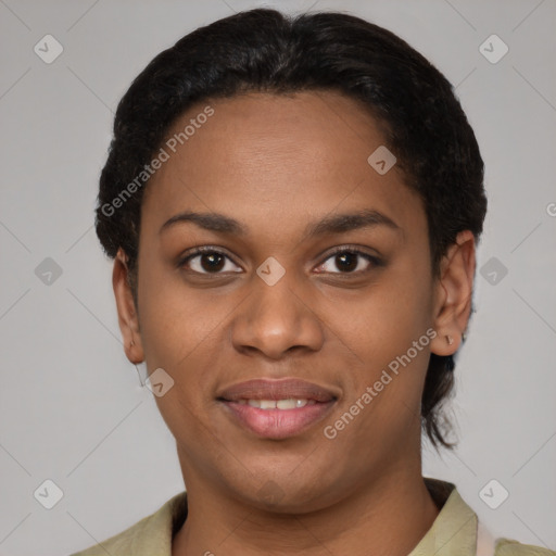 Joyful latino young-adult female with short  black hair and brown eyes
