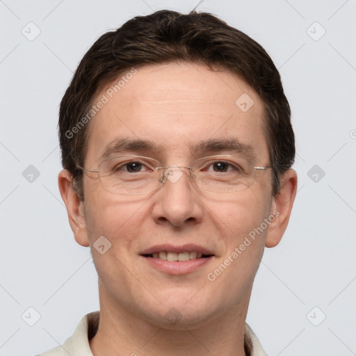 Joyful white adult male with short  brown hair and grey eyes