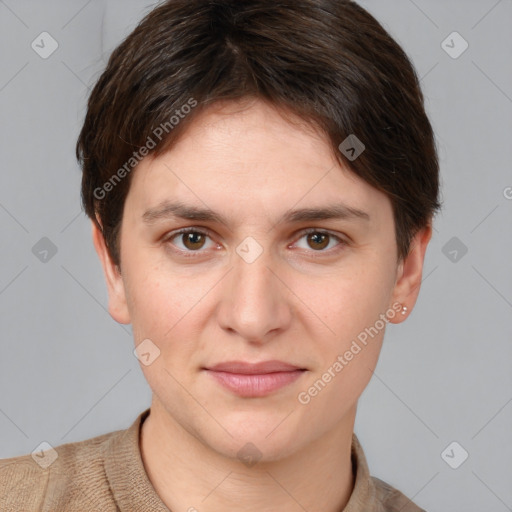 Joyful white young-adult female with short  brown hair and grey eyes