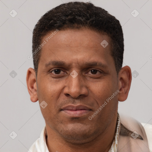 Neutral latino adult male with short  brown hair and brown eyes