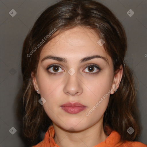 Neutral white young-adult female with medium  brown hair and brown eyes