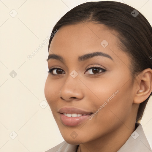 Joyful latino young-adult female with long  brown hair and brown eyes