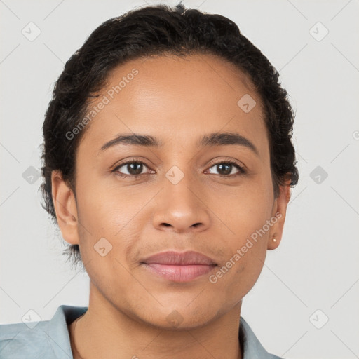 Joyful latino young-adult female with short  brown hair and brown eyes