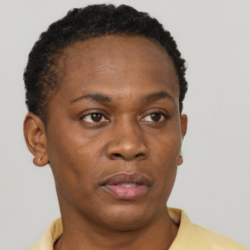 Neutral black young-adult female with short  brown hair and brown eyes