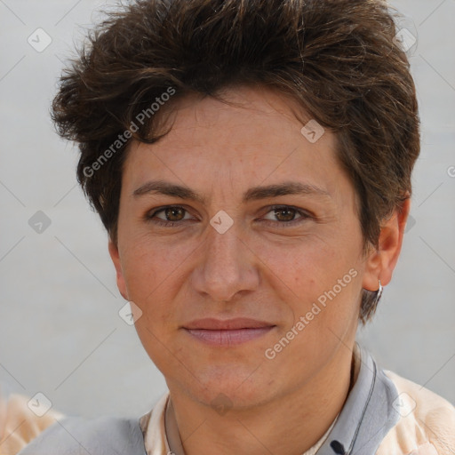 Joyful white adult female with short  brown hair and brown eyes