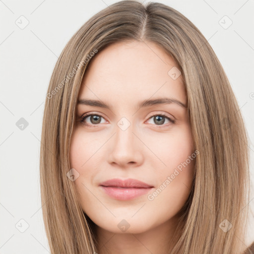 Neutral white young-adult female with long  brown hair and brown eyes