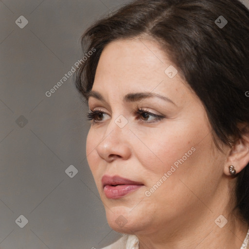 Neutral white young-adult female with medium  brown hair and brown eyes