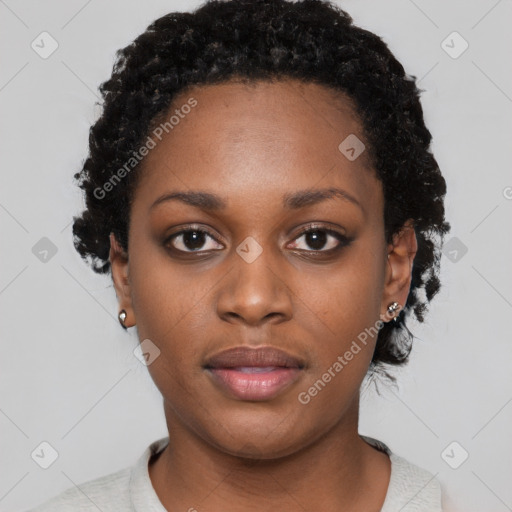 Neutral black young-adult female with short  black hair and brown eyes