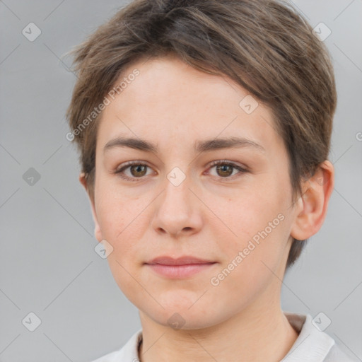 Neutral white young-adult female with short  brown hair and brown eyes