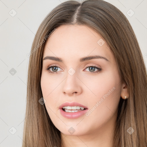 Neutral white young-adult female with long  brown hair and brown eyes