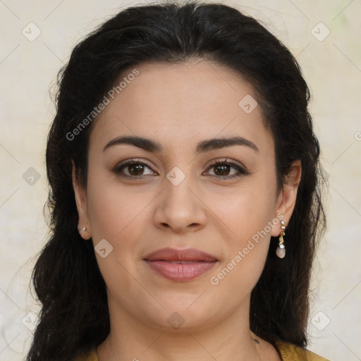 Joyful latino young-adult female with long  brown hair and brown eyes