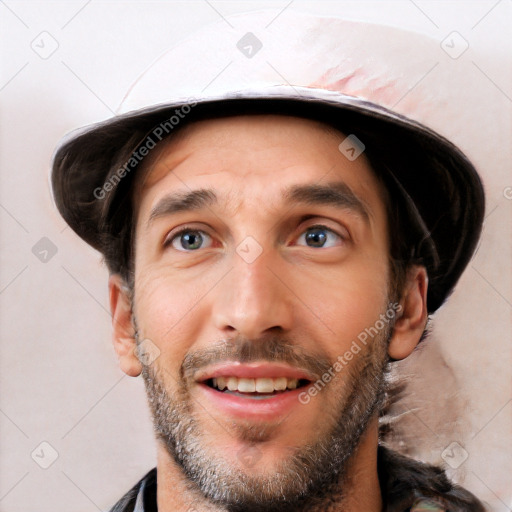 Joyful white young-adult male with short  black hair and brown eyes