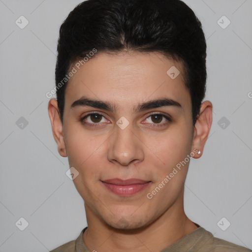 Joyful white young-adult male with short  brown hair and brown eyes