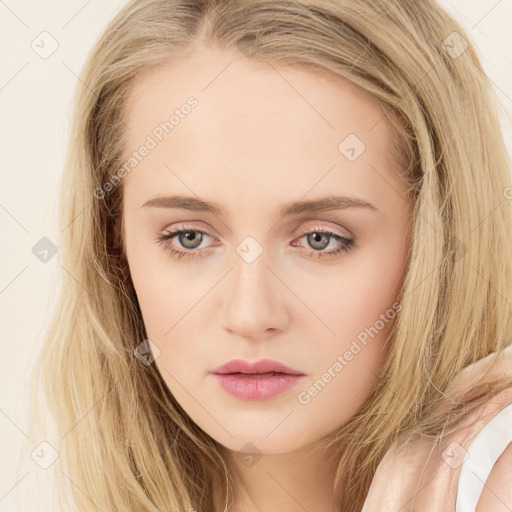 Neutral white young-adult female with long  brown hair and blue eyes