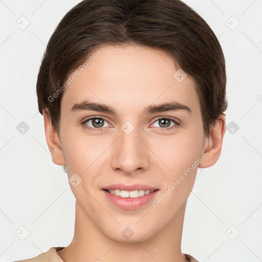 Joyful white young-adult female with short  brown hair and brown eyes