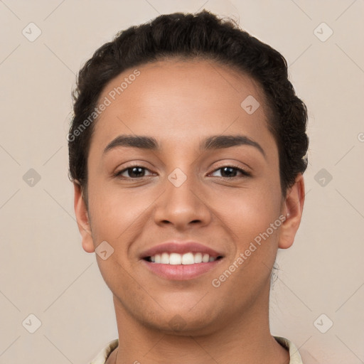 Joyful white young-adult female with short  brown hair and brown eyes