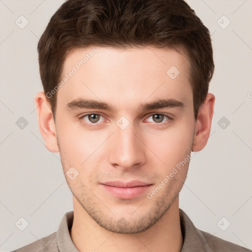 Neutral white young-adult male with short  brown hair and brown eyes