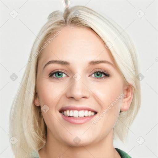 Joyful white young-adult female with long  brown hair and blue eyes