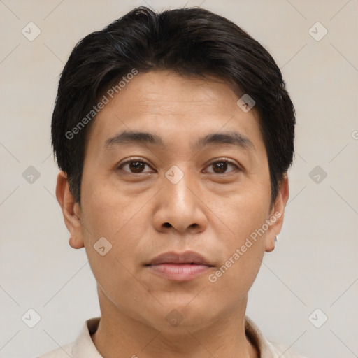 Joyful asian young-adult male with short  brown hair and brown eyes