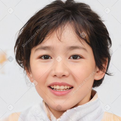 Joyful white child female with medium  brown hair and brown eyes