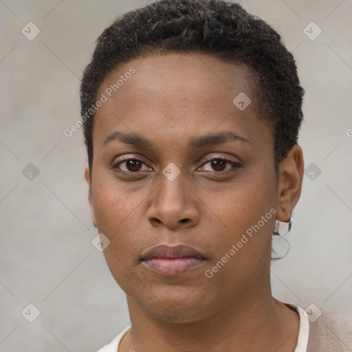 Neutral black young-adult female with short  brown hair and brown eyes