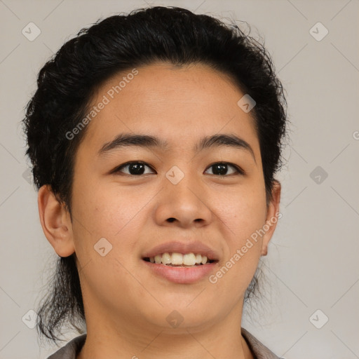 Joyful latino young-adult male with medium  brown hair and brown eyes