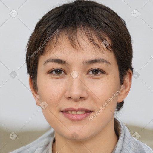 Joyful white young-adult female with short  brown hair and brown eyes