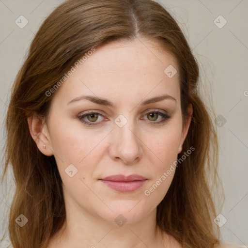 Joyful white young-adult female with long  brown hair and green eyes