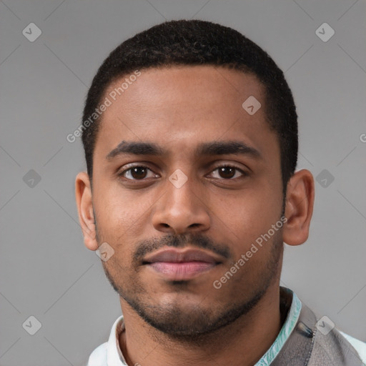 Neutral latino young-adult male with short  black hair and brown eyes