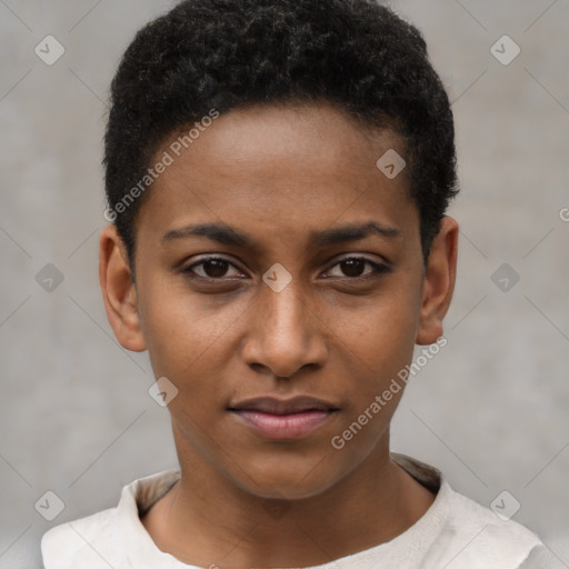 Joyful black young-adult female with short  brown hair and brown eyes