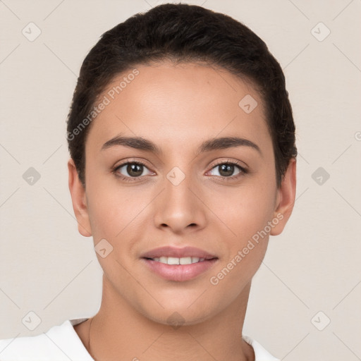 Joyful white young-adult female with short  brown hair and brown eyes