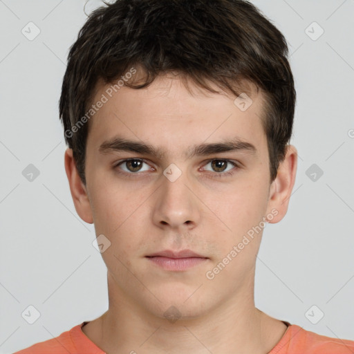 Neutral white young-adult male with short  brown hair and brown eyes