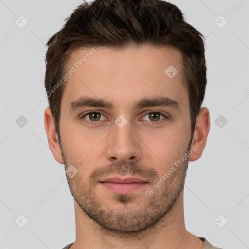 Neutral white young-adult male with short  brown hair and brown eyes