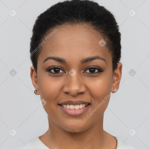 Joyful latino young-adult female with short  black hair and brown eyes